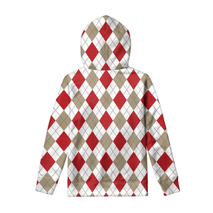 White Red And Beige Argyle Pattern Print Pullover Hoodie