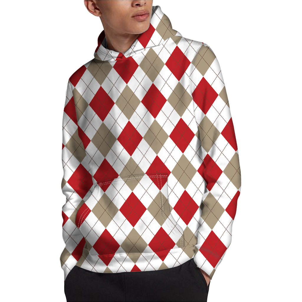 White Red And Beige Argyle Pattern Print Pullover Hoodie