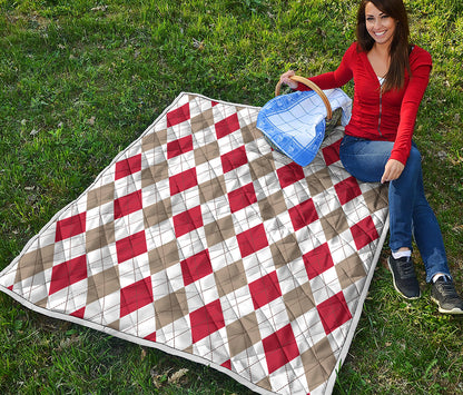 White Red And Beige Argyle Pattern Print Quilt