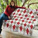 White Red And Beige Argyle Pattern Print Quilt