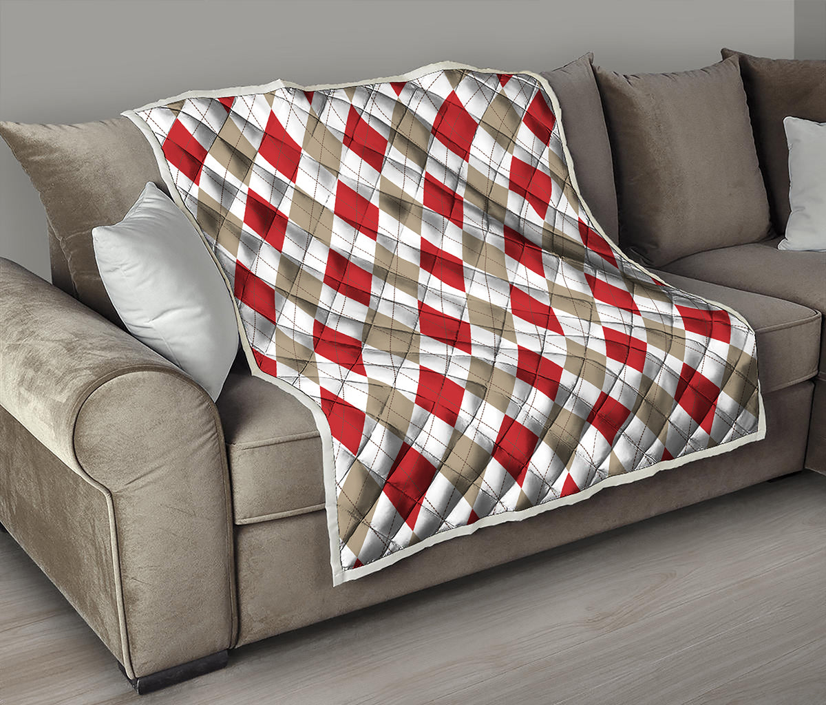 White Red And Beige Argyle Pattern Print Quilt