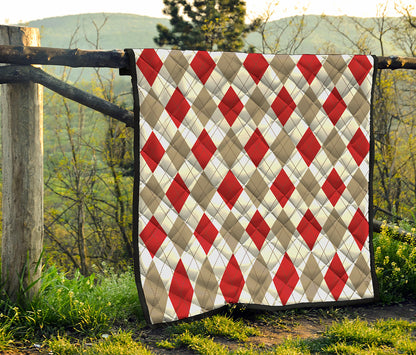 White Red And Beige Argyle Pattern Print Quilt