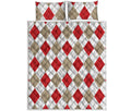 White Red And Beige Argyle Pattern Print Quilt Bed Set