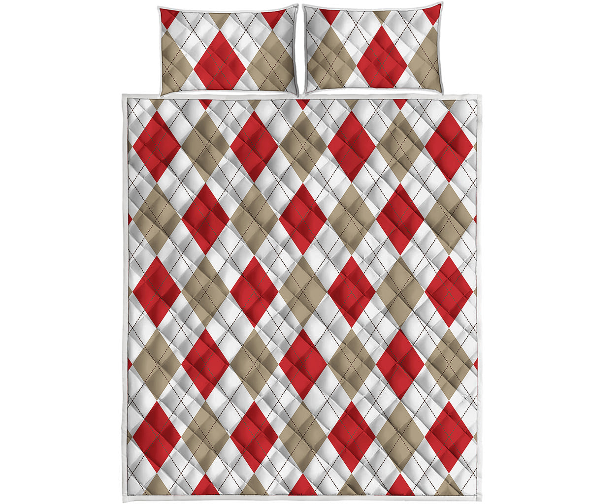 White Red And Beige Argyle Pattern Print Quilt Bed Set