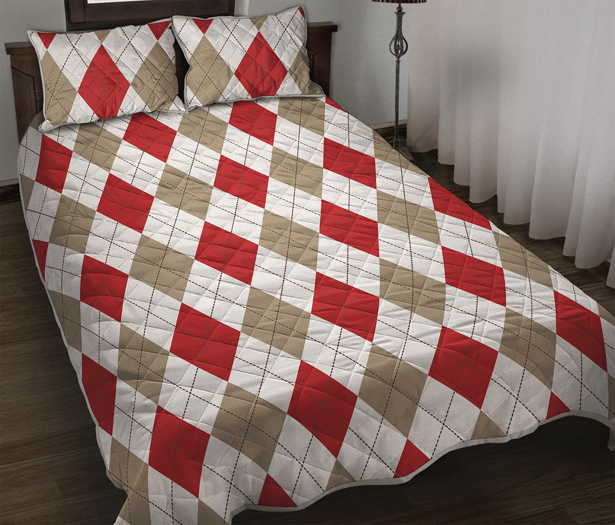 White Red And Beige Argyle Pattern Print Quilt Bed Set