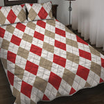 White Red And Beige Argyle Pattern Print Quilt Bed Set