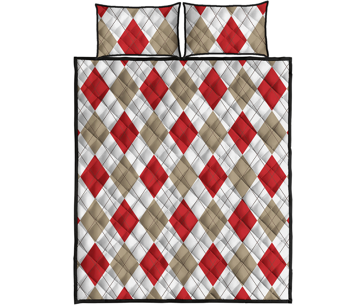 White Red And Beige Argyle Pattern Print Quilt Bed Set