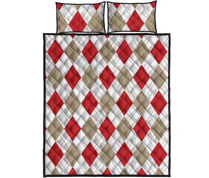 White Red And Beige Argyle Pattern Print Quilt Bed Set