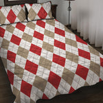 White Red And Beige Argyle Pattern Print Quilt Bed Set