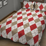 White Red And Beige Argyle Pattern Print Quilt Bed Set