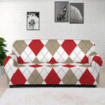 White Red And Beige Argyle Pattern Print Sofa Cover