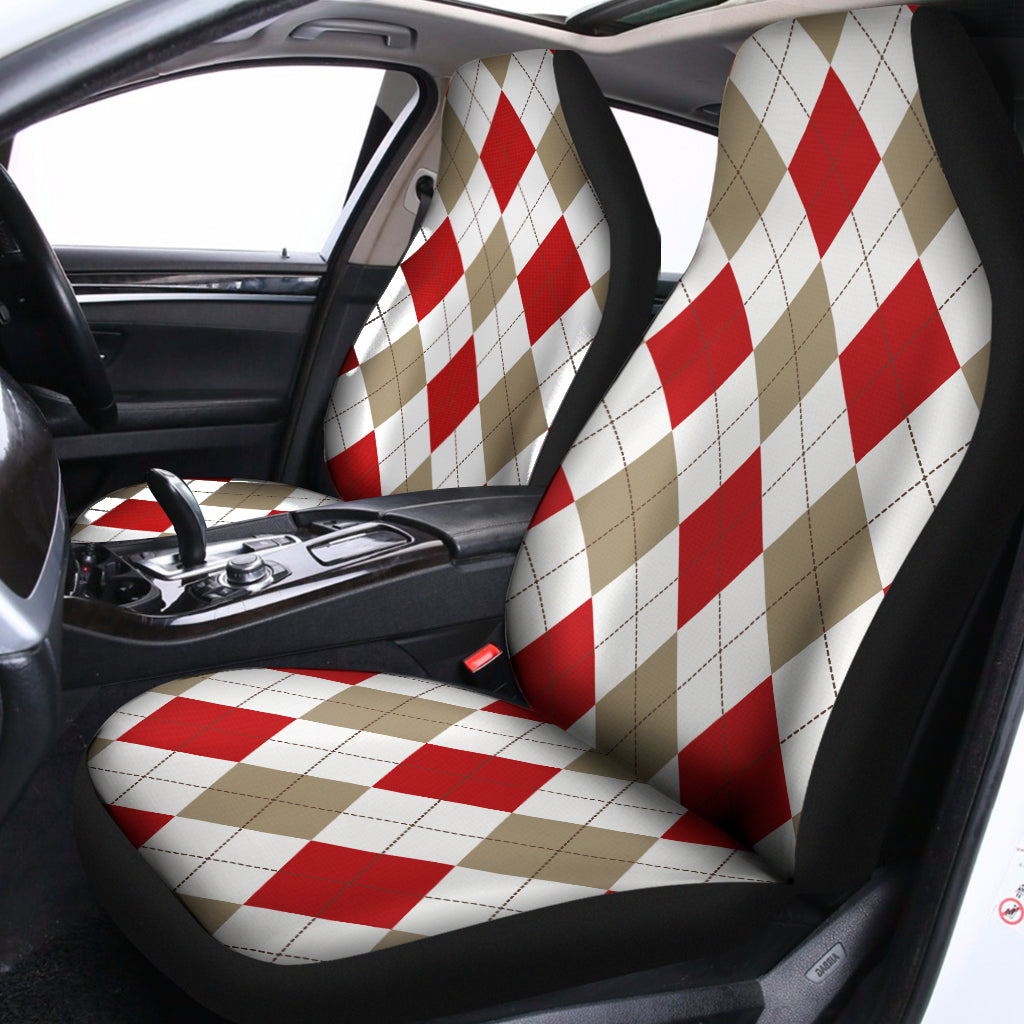 White Red And Beige Argyle Pattern Print Universal Fit Car Seat Covers