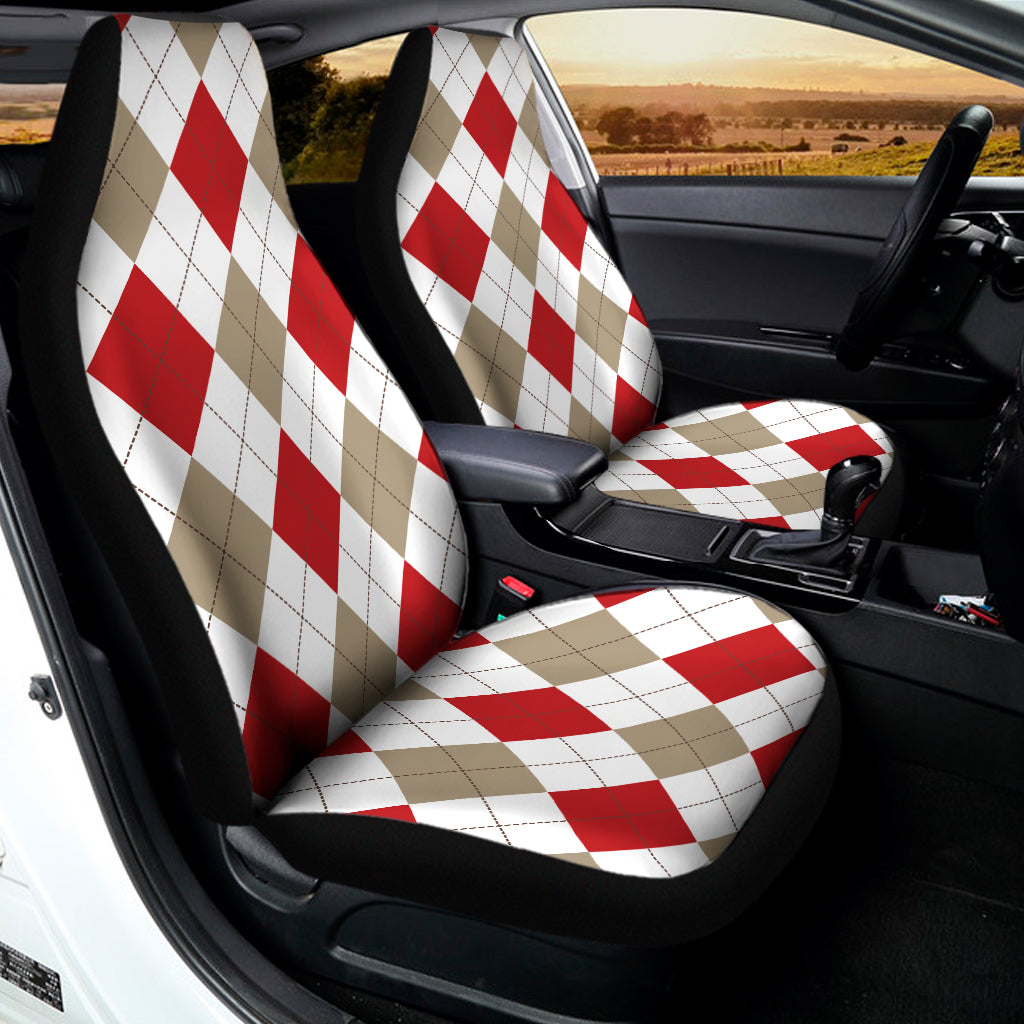 White Red And Beige Argyle Pattern Print Universal Fit Car Seat Covers