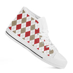 White Red And Beige Argyle Pattern Print White High Top Shoes