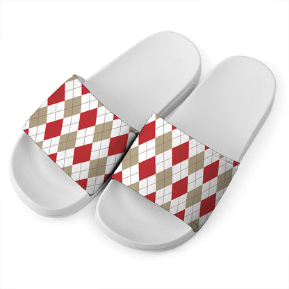 White Red And Beige Argyle Pattern Print White Slide Sandals