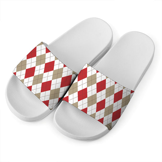 White Red And Beige Argyle Pattern Print White Slide Sandals