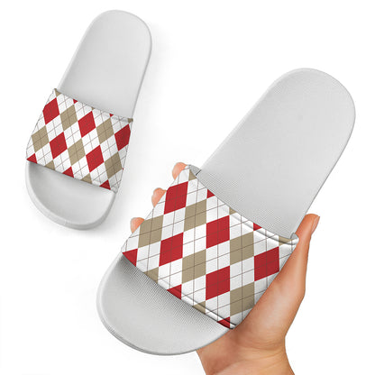 White Red And Beige Argyle Pattern Print White Slide Sandals