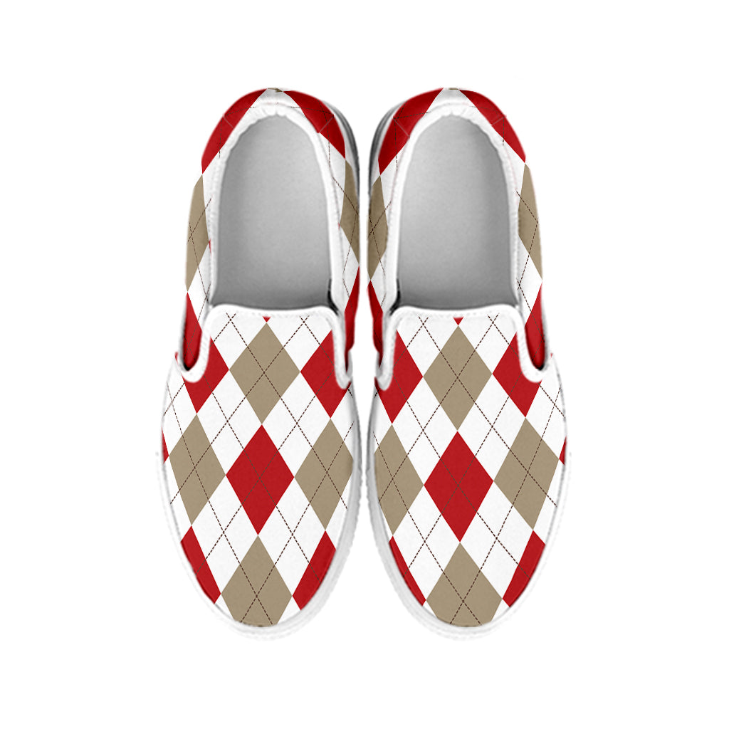 White Red And Beige Argyle Pattern Print White Slip On Shoes