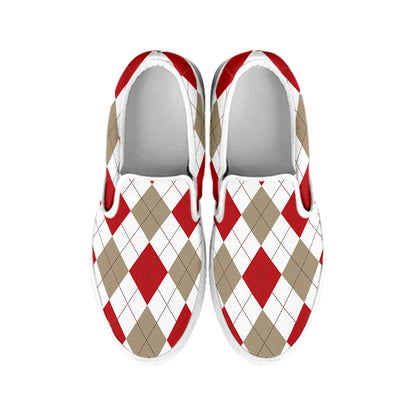 White Red And Beige Argyle Pattern Print White Slip On Shoes
