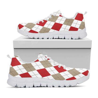 White Red And Beige Argyle Pattern Print White Sneakers