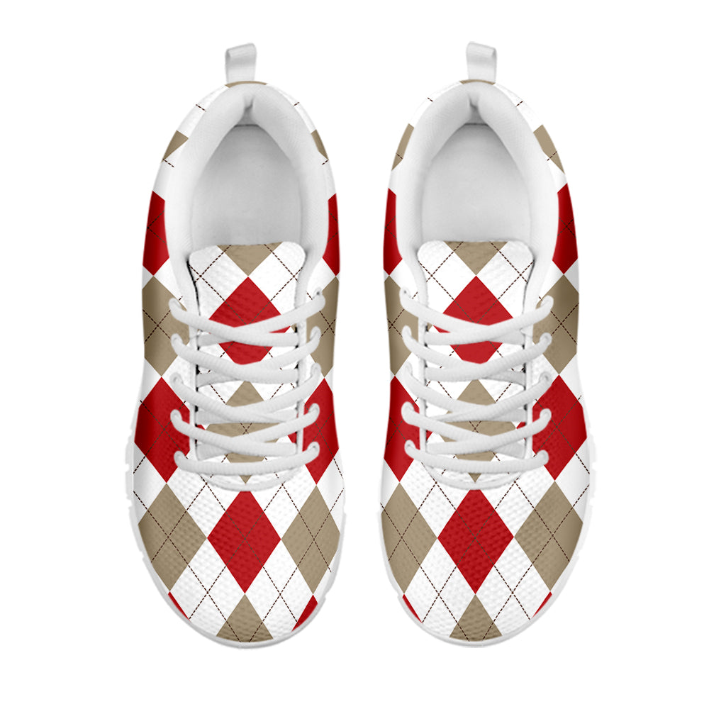 White Red And Beige Argyle Pattern Print White Sneakers