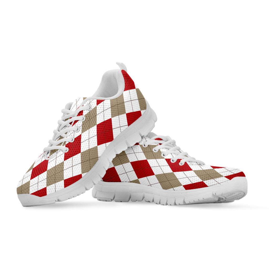White Red And Beige Argyle Pattern Print White Sneakers
