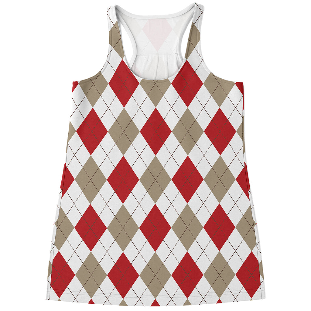 White Red And Beige Argyle Pattern Print Women's Racerback Tank Top