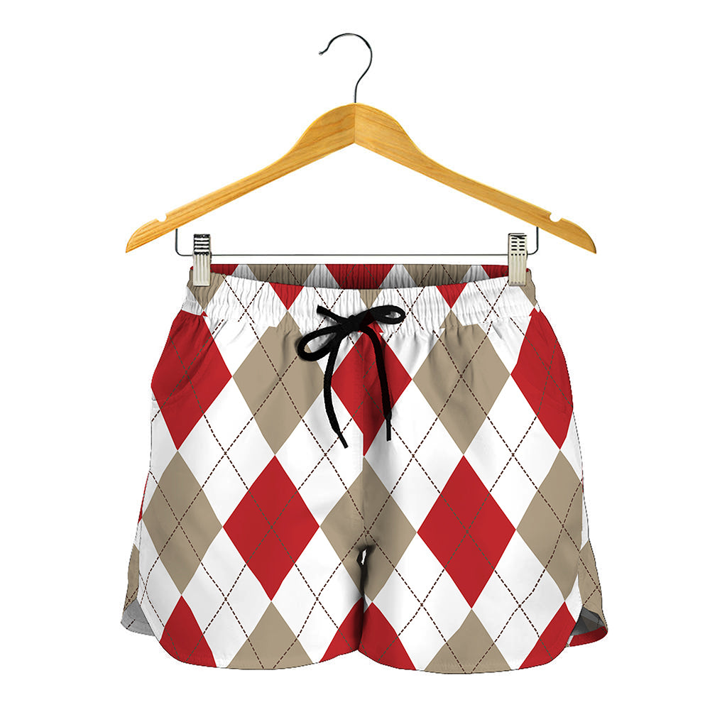 White Red And Beige Argyle Pattern Print Women's Shorts