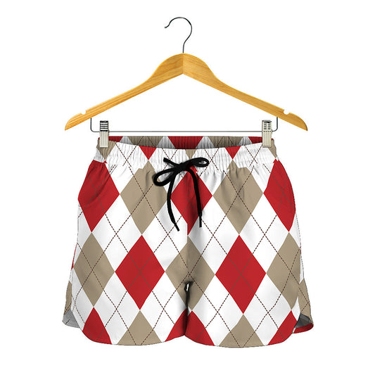 White Red And Beige Argyle Pattern Print Women's Shorts