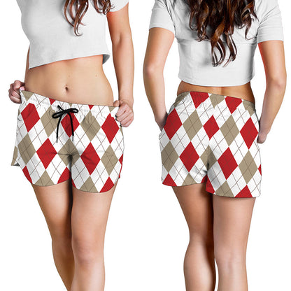 White Red And Beige Argyle Pattern Print Women's Shorts