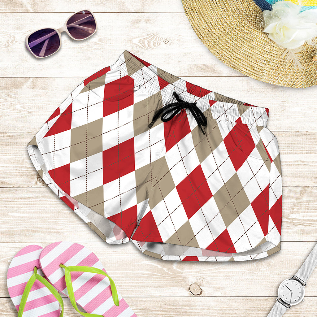 White Red And Beige Argyle Pattern Print Women's Shorts