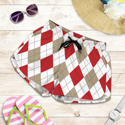 White Red And Beige Argyle Pattern Print Women's Shorts