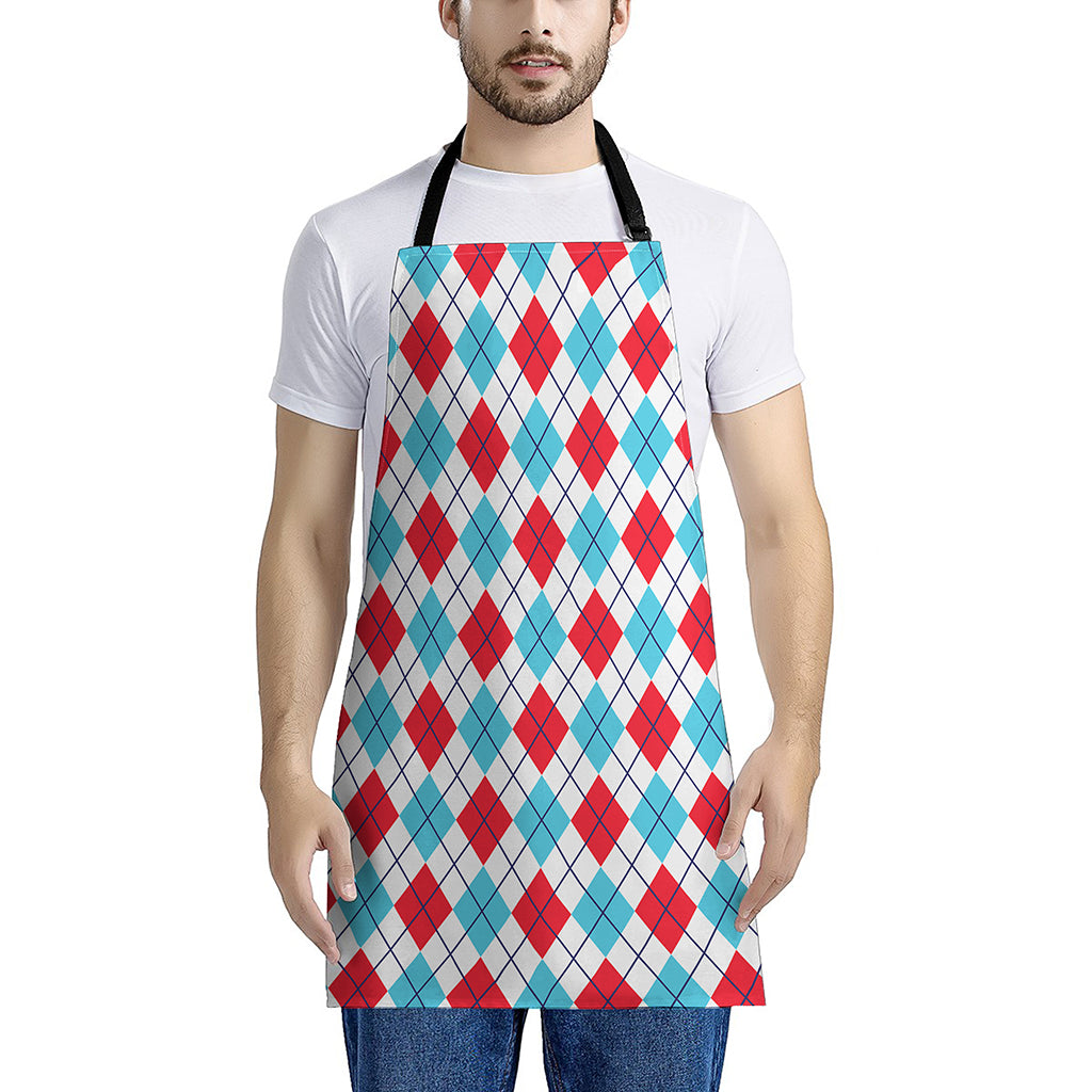 White Red And Blue Argyle Pattern Print Apron