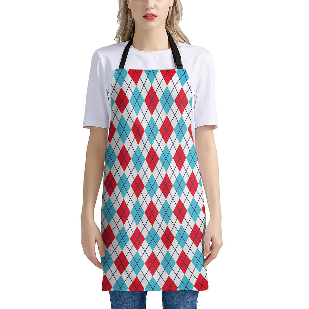 White Red And Blue Argyle Pattern Print Apron