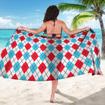 White Red And Blue Argyle Pattern Print Beach Sarong Wrap