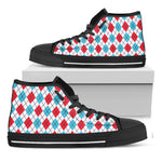 White Red And Blue Argyle Pattern Print Black High Top Shoes