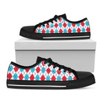 White Red And Blue Argyle Pattern Print Black Low Top Shoes