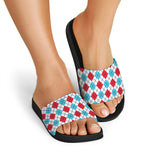 White Red And Blue Argyle Pattern Print Black Slide Sandals