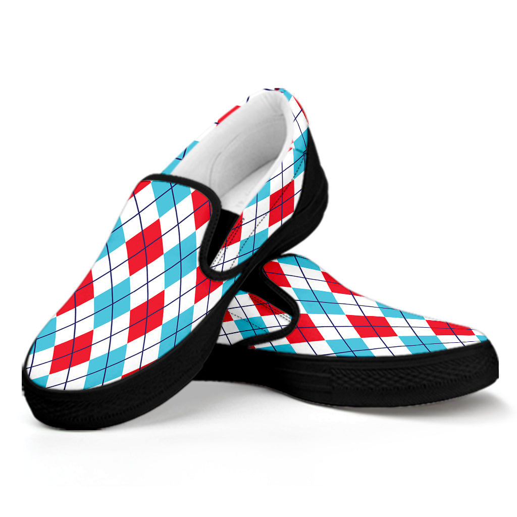 White Red And Blue Argyle Pattern Print Black Slip On Shoes
