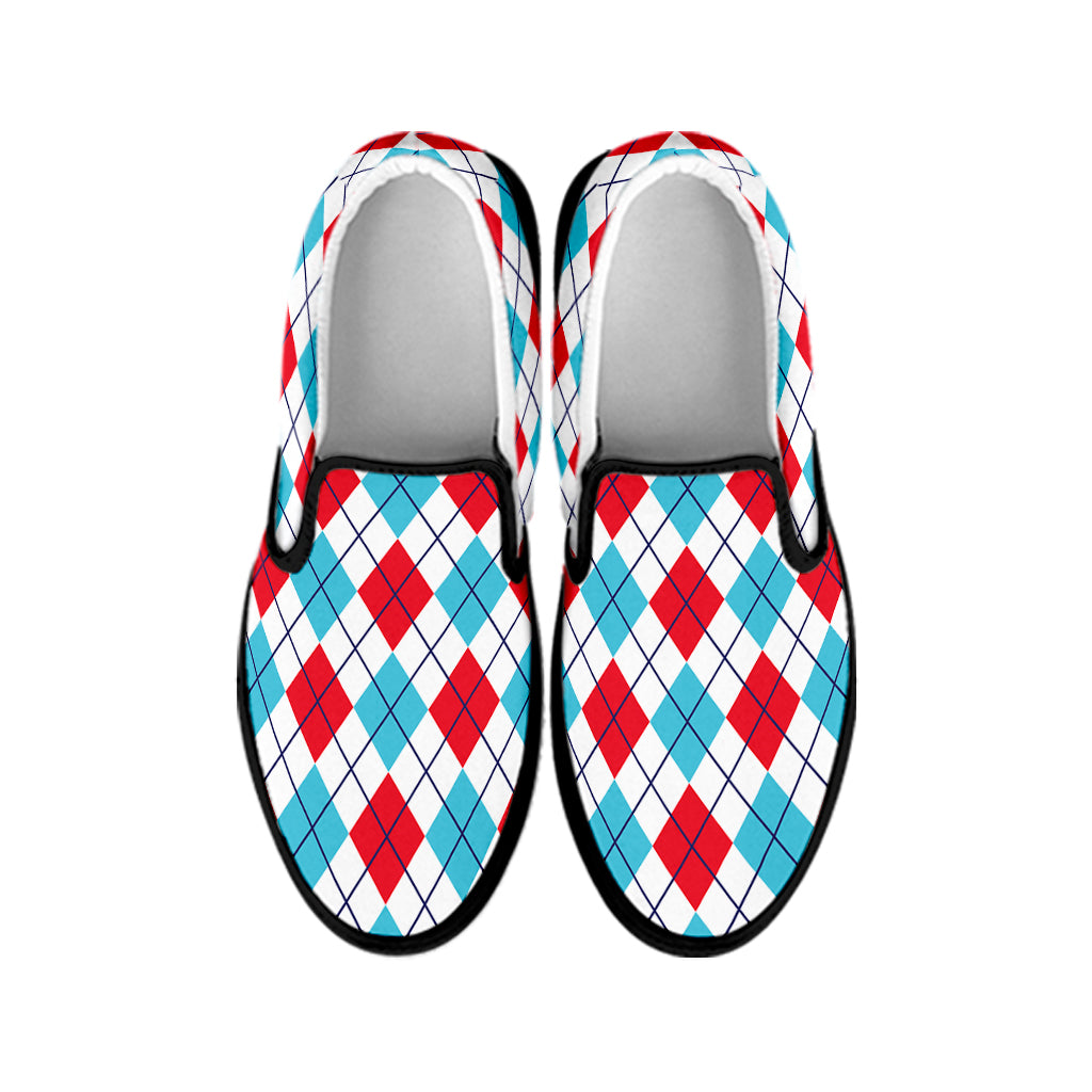 White Red And Blue Argyle Pattern Print Black Slip On Shoes