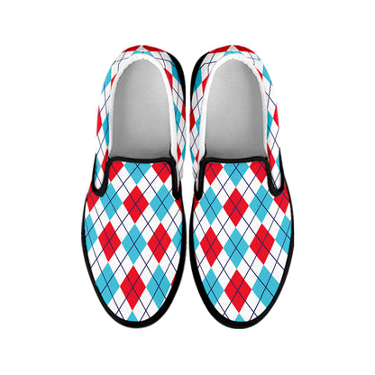 White Red And Blue Argyle Pattern Print Black Slip On Shoes