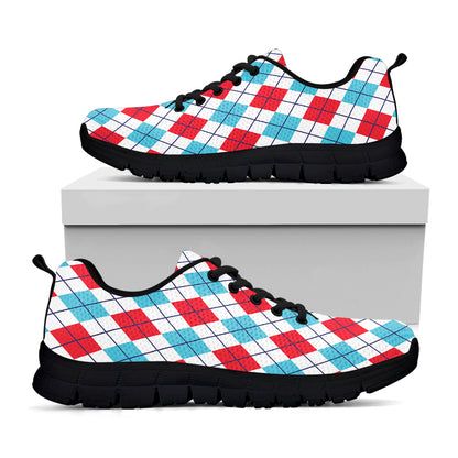 White Red And Blue Argyle Pattern Print Black Sneakers