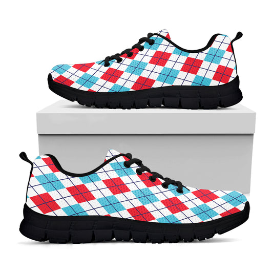 White Red And Blue Argyle Pattern Print Black Sneakers