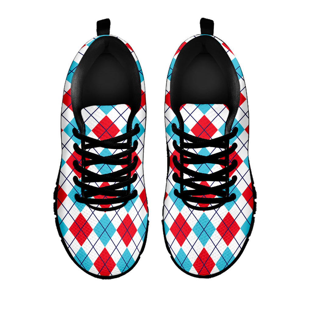 White Red And Blue Argyle Pattern Print Black Sneakers