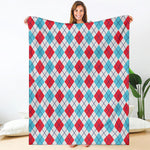 White Red And Blue Argyle Pattern Print Blanket