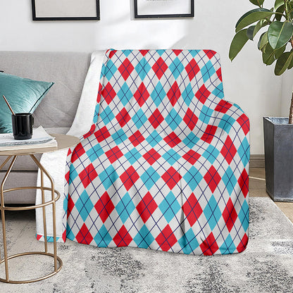 White Red And Blue Argyle Pattern Print Blanket