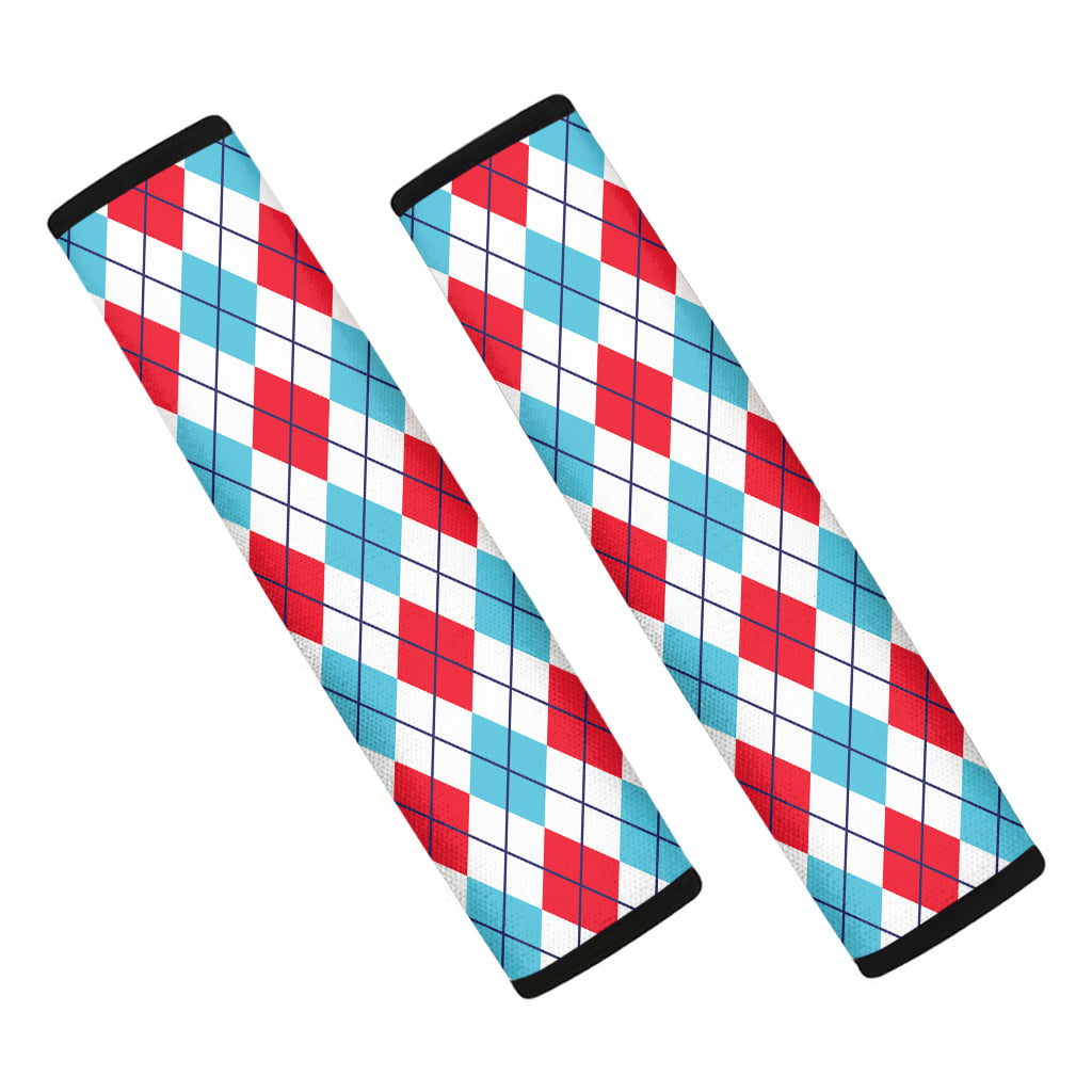 White Red And Blue Argyle Pattern Print Car Seat Belt Covers