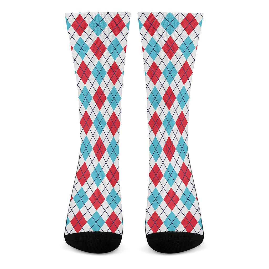 White Red And Blue Argyle Pattern Print Crew Socks