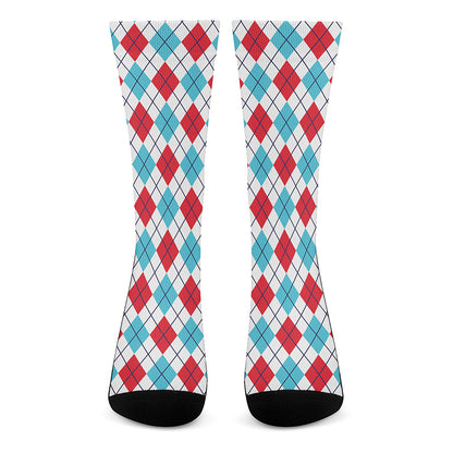 White Red And Blue Argyle Pattern Print Crew Socks