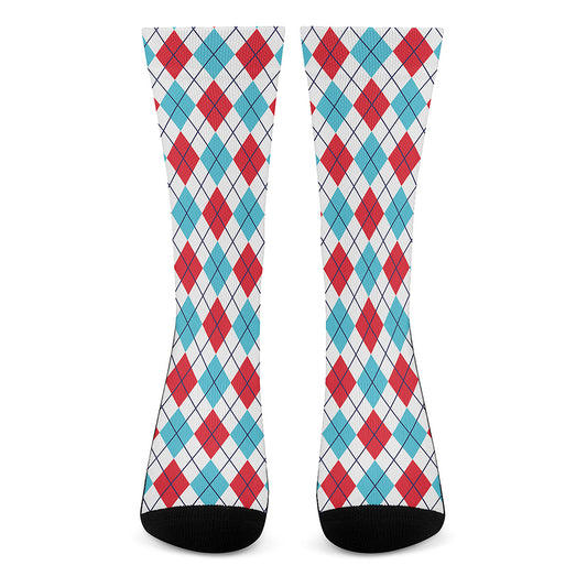 White Red And Blue Argyle Pattern Print Crew Socks